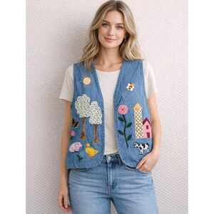 Homemade Denim Vest Women's Farm Scene Applique Embroidered‎ Blue Jean Size M